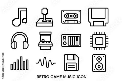 Retro Game Music Icons. Outline icon set of retro game music: 8-bit note, pixel joystick, cassette tape, game