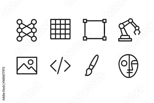 AI Icon Grid. Outline icon set of AI-generated imagery: neural network, pixel grid, digital canvas, robot arm,
