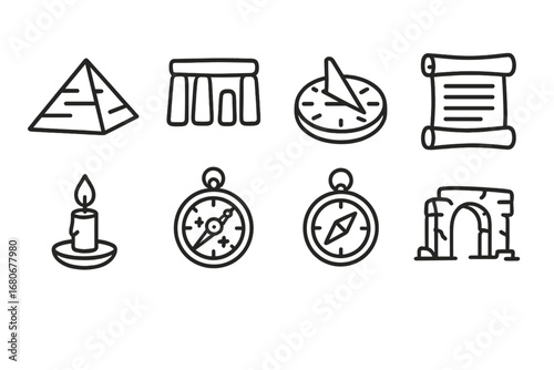 Ancient Landmark Icon Set. Outline icon set of ancient time travel: pyramid, stone circle, ancient sundial,