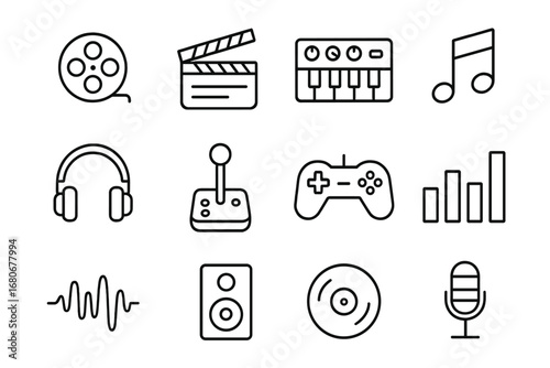 Game Music Icon Set. Outline icon set of game cutscene music: film reel, clapperboard, synthesizer, music note