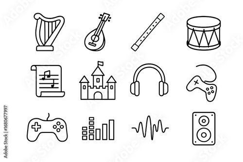 Fantasy Music Icons. Outline icon set of fantasy game soundtracks: harp, lute, flute, drum, music scroll,