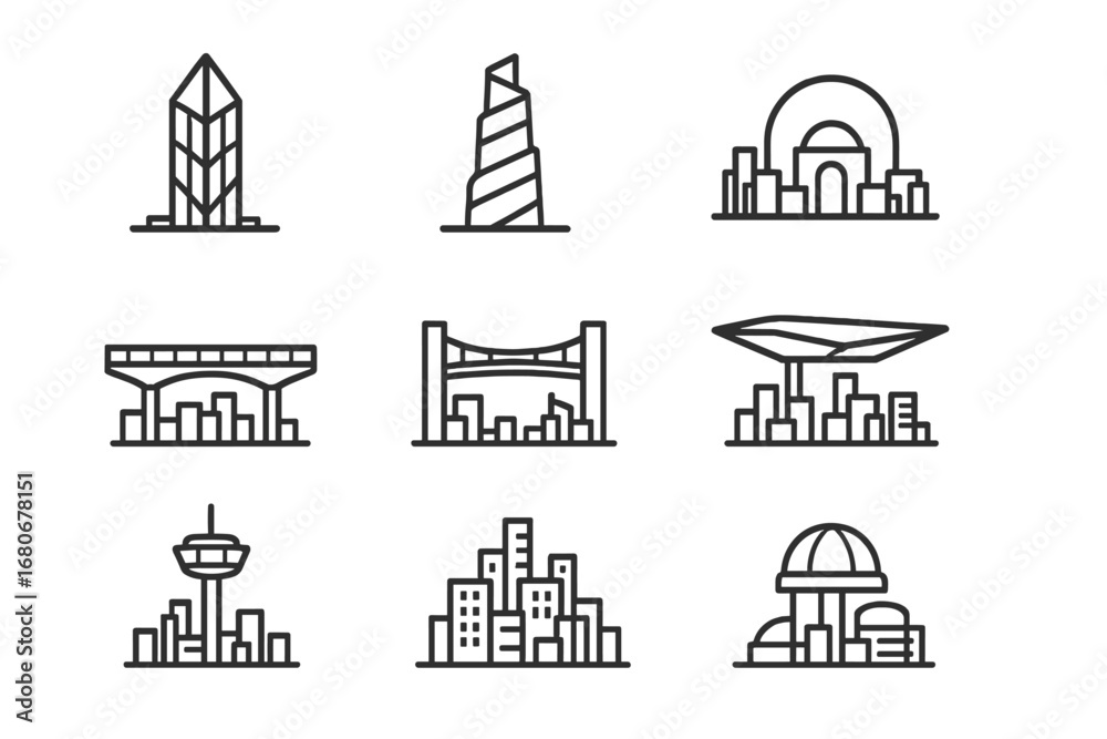 Naklejka premium Futuristic City Icons. Outline icon set of futuristic skylines: glass tower, spiral skyscraper, dome structure