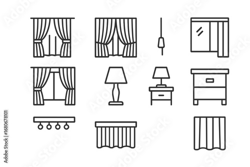 Hotel Curtain Icons. Outline icon set of hotel curtains: double-layer drape, blackout liner, pull cord, hotel