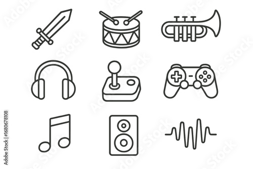 Epic Boss Battle Icons. Outline icon set of epic boss battle music: sword, drum, trumpet, synthesizer,