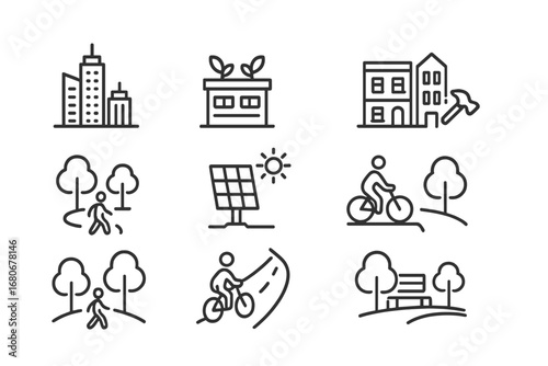 Urban Regeneration Icons. Outline icon set of urban regeneration: modern skyline, green rooftop, renovated