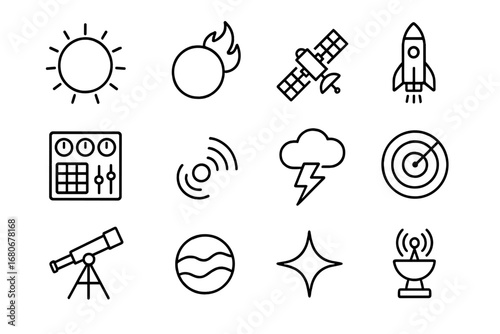 Space Monitoring Icons. Outline icon set of space weather monitoring: sun, solar flare, satellite, rocket,