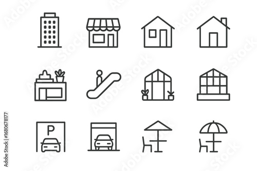 Mixed-Use Development Icons. Outline icon set of mixed-use development: office tower, retail shop, residential
