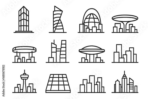 Futuristic City Icons. Outline icon set of futuristic skylines: glass tower, spiral skyscraper, dome structure