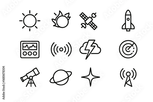 Space Monitoring Icons. Outline icon set of space weather monitoring: sun, solar flare, satellite, rocket,