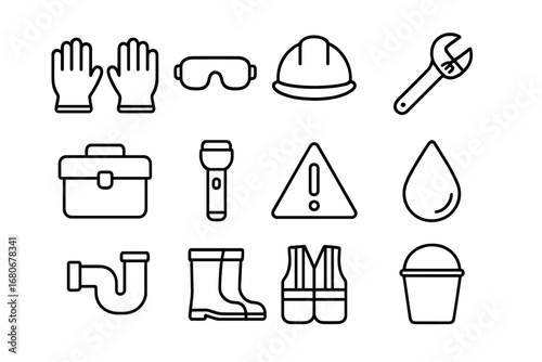 Plumbing Safety Icons. Outline icon set of plumbing safety equipment: gloves, goggles, helmet, wrench, toolbox