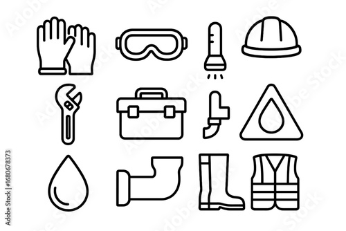 Plumbing Safety Icons. Outline icon set of plumbing safety equipment: gloves, goggles, helmet, wrench, toolbox