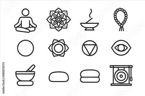 Meditation Icon Collection. Outline icon set of meditation: cross-legged person, mandala, incense burner,