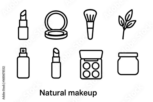 Natural Makeup Icon Set. Outline icon set of natural makeup flat lay: lipstick tube, powder compact, makeup