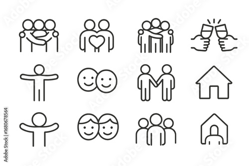 Chosen Family Icons. Outline icon set of friends as chosen family: group hug, shared heart, circle of people,