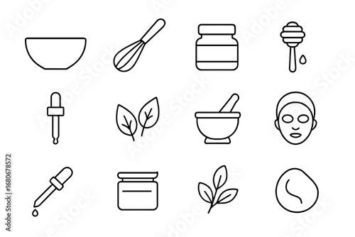DIY Beauty Icons. Outline icon set of DIY natural beauty: mixing bowl, whisk, small jar, honey dipper, dropper