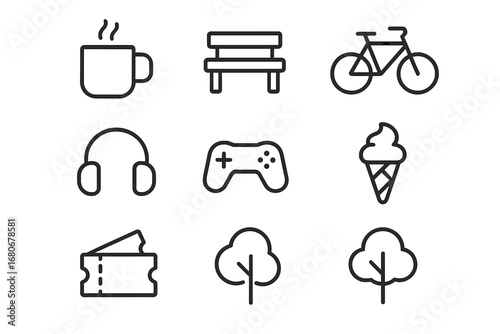 Everyday Bonding Icons. Outline icon set of everyday bonding: coffee cup, bench, bicycle, headphones, game