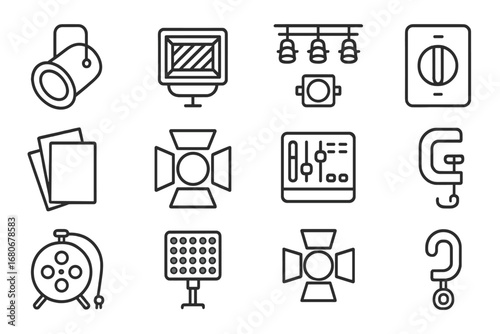 Stage Lighting Icons. Outline icon set of stage lighting setup: spotlight, floodlight, lighting grid, dimmer