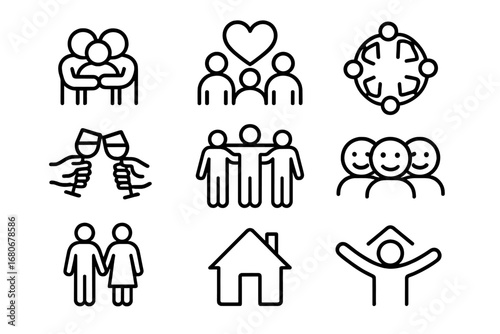 Chosen Family Icons. Outline icon set of friends as chosen family: group hug, shared heart, circle of people,