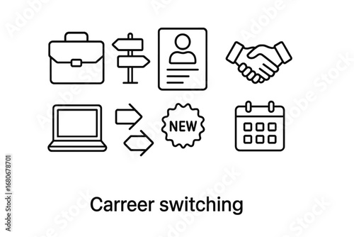 Career Transition Icons. Outline icon set of career switching: suitcase, crossroads sign, resume, handshake,