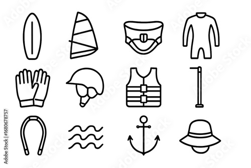 Windsurfing Gear Icons. Outline icon set of windsurfing gear: windsurf board, sail, harness, wetsuit, gloves,