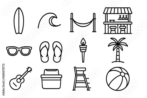 Surfing Lifestyle Icons. Outline icon set of surfing lifestyle: surfboard, wave, hammock, beach bar,