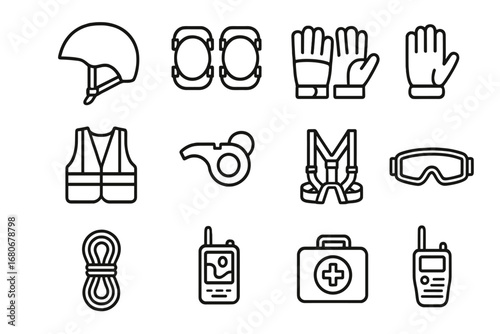 Extreme Sports Safety Icons. Outline icon set of extreme sports safety: helmet, knee pads, elbow pads, gloves,