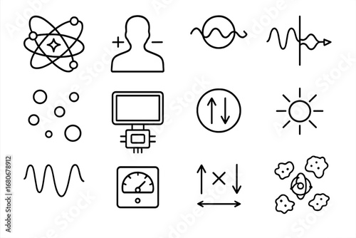 Quantum Concepts Icons. Outline icon set of quantum invisibility concepts: quantum entanglement, superposition