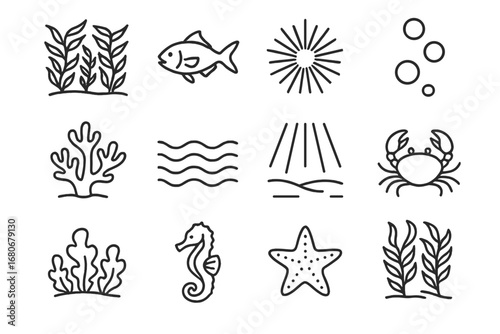 Underwater Icons Collection. Outline icon set of underwater kelp forest scenes: kelp forest canopy, fish, sea