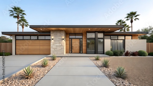 Modern mid century style home with wood accents and palm trees