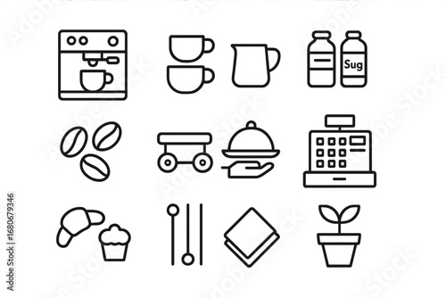 Coffee Cart Essentials. Outline icon set of coffee trolley tools: espresso machine, coffee cups, milk jug,