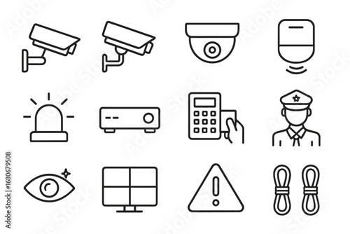 Security Camera Icons. Outline icon set of security camera setup in facility: surveillance camera, CCTV, dome