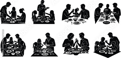 Cartoon family eating together, dinner time, bonding over meals, happy mealtime moments, food sharing, home dining, parent-child interaction, celebration