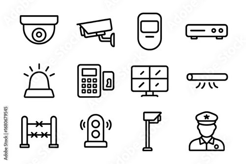 Surveillance Technology Icons. Outline icon set of facility surveillance technology: dome CCTV, bullet camera,