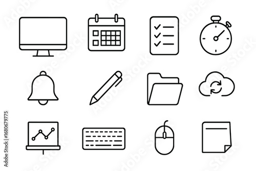 Content Management Tools. Outline icon set of content scheduling tools on desktop: desktop screen, calendar,