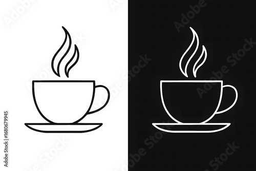 Minimalist line art icon set of a steaming coffee cup on a saucer. Simple black and white vector graphic for a cafe menu, hot beverage symbol, or web design element