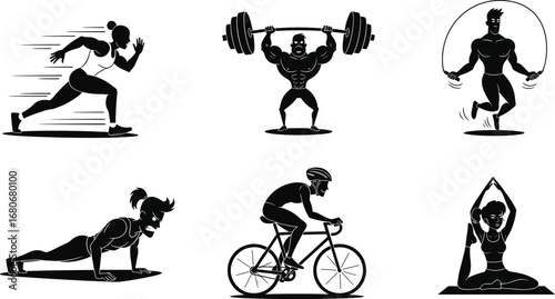 Cartoon silhouettes of people exercising, running, cycling, weightlifting, jumping rope, push-ups, yoga, fitness training, gym workout, healthy lifestyle activity