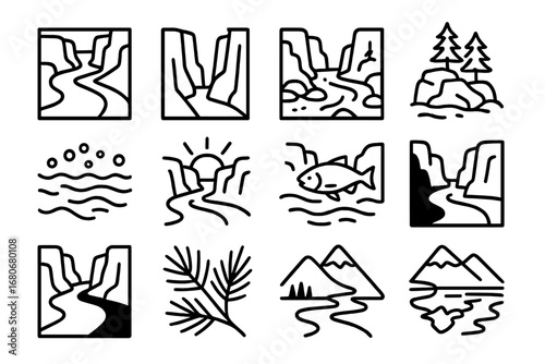 Canyon River Icon Set. Outline icon set of river flowing through canyon landscapes: river bend, steep cliffs,