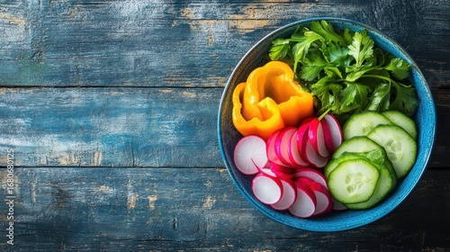 Colorful vegetable bowl on wooden table