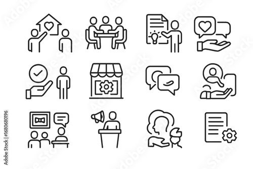 NGO Job Icon Set. Outline icon set of job opportunities in NGOs: outreach program, community meeting, project