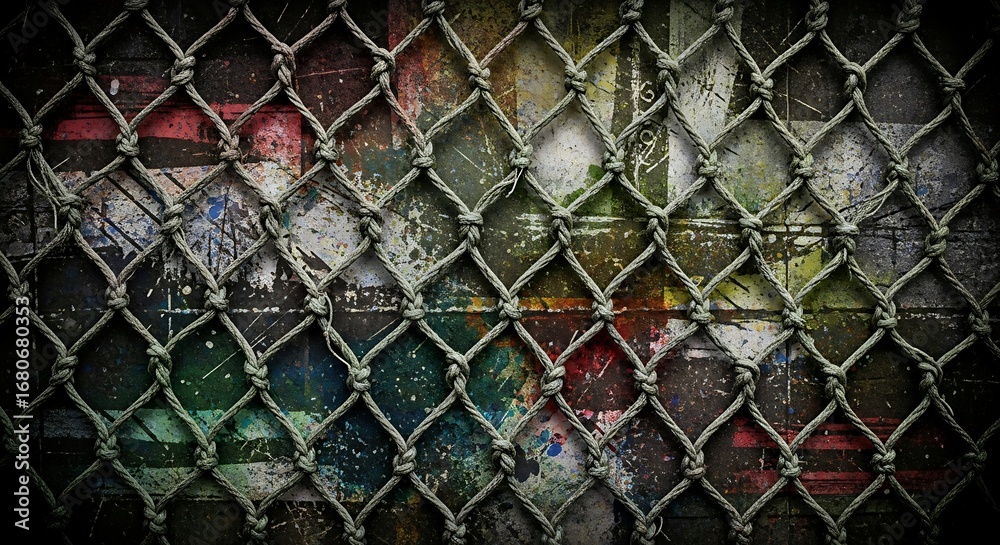 Fototapeta premium Close-up view of a metal chain-link fence with colorful, obscured objects behind it.