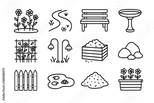 Wildflower Garden Icons. Outline icon set of wildflower garden design: flower beds, paths, benches, birdbath,