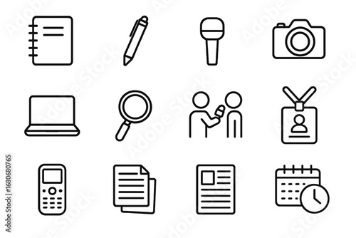Journalistic Tools Icons. Outline icon set of journalistic research: notebook, pen, microphone, camera, laptop