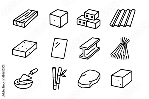 Building Material Icons. Outline icon set of building materials: wood plank, stone block, brick, clay tile,