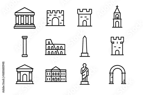 Historic Monument Icons. Outline icon set of historic monuments: ancient temple, fortress wall, city gate,