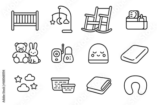 Nursery Décor Icons. Outline icon set of nursery décor: crib, mobile, rocking chair, diaper caddy, soft toys,