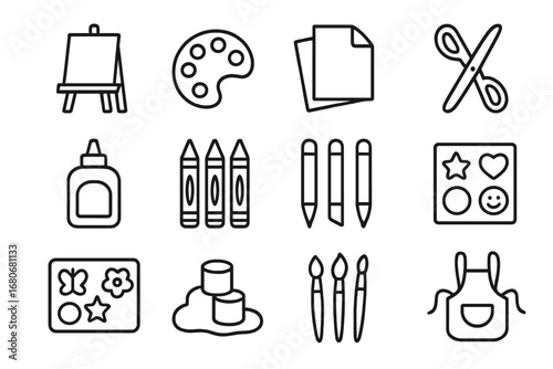 Kids' Creative Icons. Outline icon set of kids’ creative corners: art easel, paint palette, craft paper,