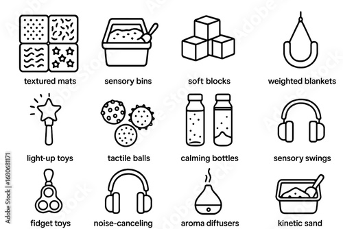 Sensory Playroom Icons. Outline icon set of kids’ sensory playroom: textured mats, sensory bins, soft blocks,