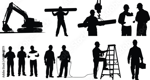 Construction workers silhouettes, industrial labor, teamwork, heavy machinery, safety gear, job site activity, engineering, tools, architecture, professional crew illustration