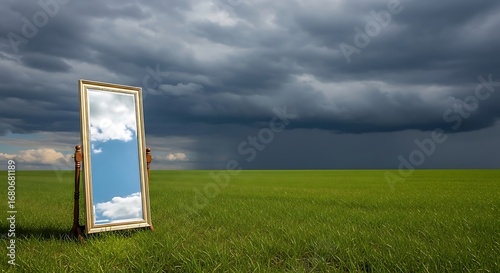 A mirror in a field reflects a different, beautiful sky, symbolizing perspective, opportunity, and imagination.