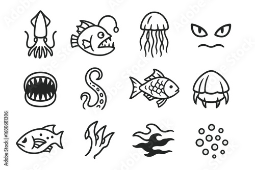 Mysterious Sea Creature Icons. Outline icon set of mysterious sea creatures: giant squid, angler fish,